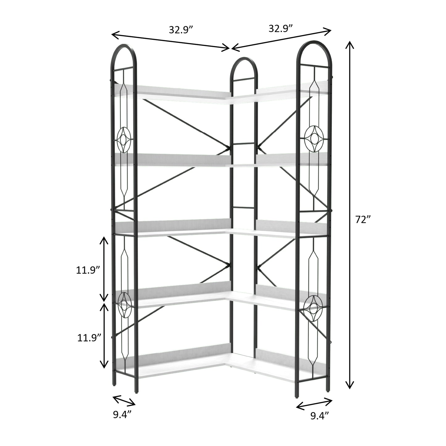 5 Tier Bookshelf, Industrial Style Corner Bookshelf, Thickened iron frame and thickened laminate composition, strong load-bearing capacity, can be used in the living room, bedroom, study.