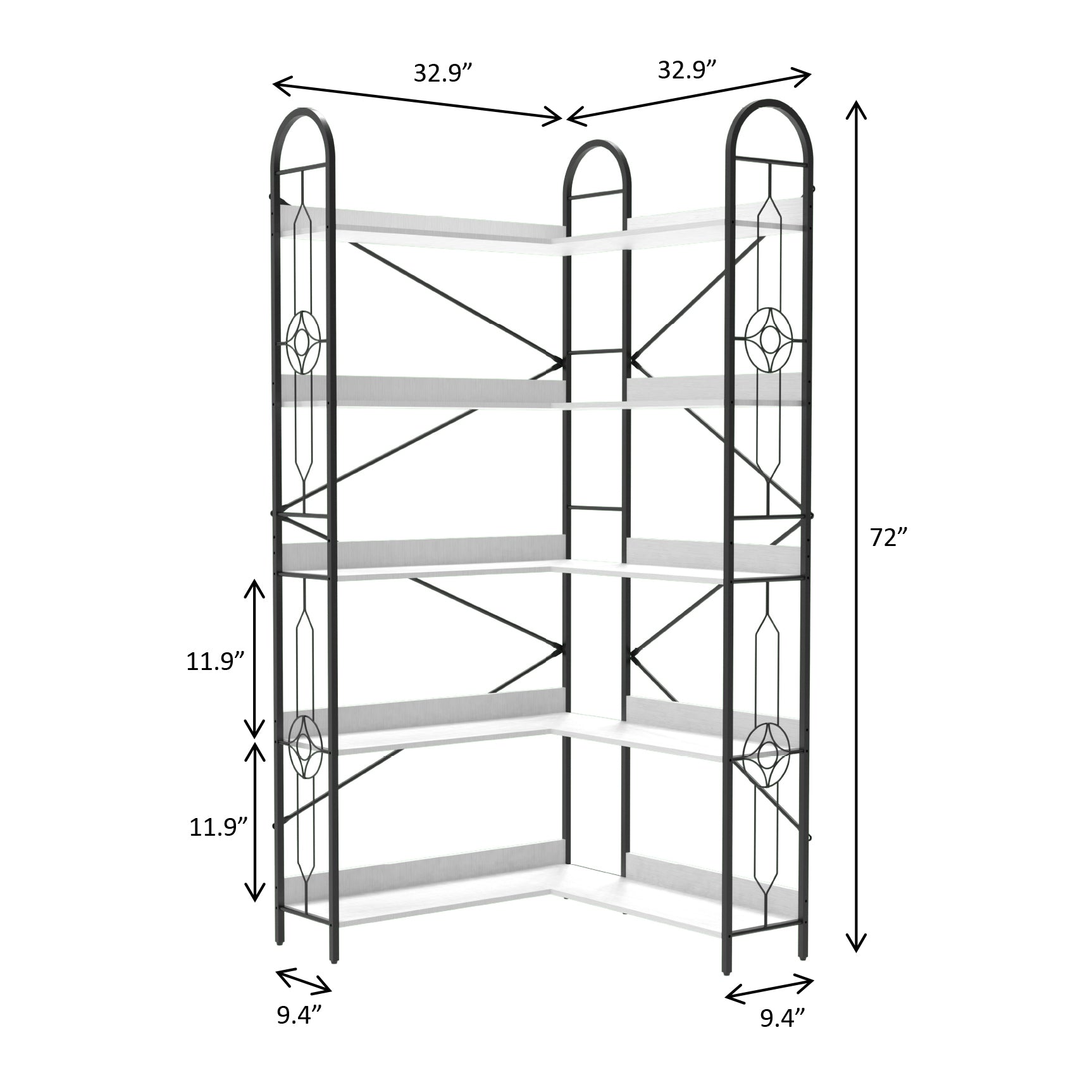 5 Tier Bookshelf, Industrial Style Corner Bookshelf, Thickened iron frame and thickened laminate composition, strong load-bearing capacity, can be used in the living room, bedroom, study.