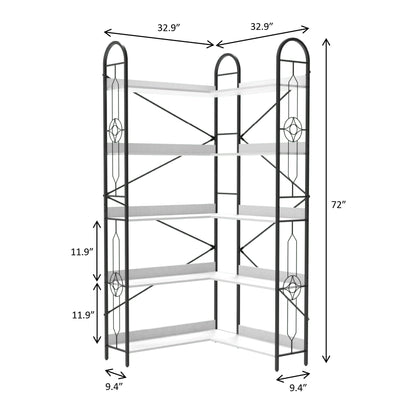 5 Tier Bookshelf, Industrial Style Corner Bookshelf, Thickened iron frame and thickened laminate composition, strong load-bearing capacity, can be used in the living room, bedroom, study.