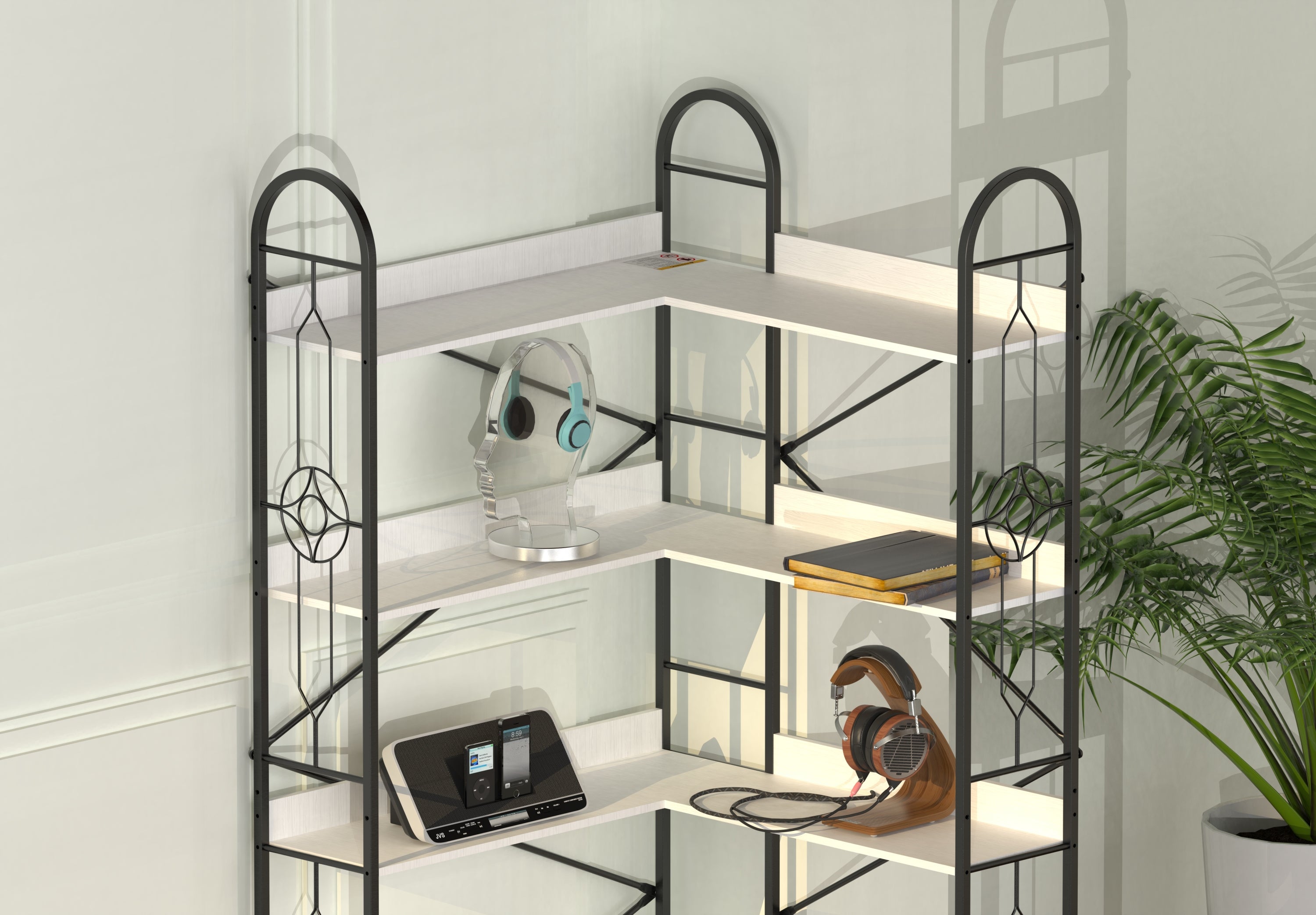 5 Tier Bookshelf, Industrial Style Corner Bookshelf, Thickened iron frame and thickened laminate composition, strong load-bearing capacity, can be used in the living room, bedroom, study.