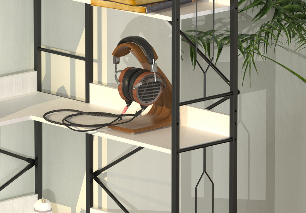 5 Tier Bookshelf, Industrial Style Corner Bookshelf, Thickened iron frame and thickened laminate composition, strong load-bearing capacity, can be used in the living room, bedroom, study.