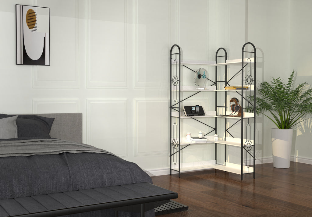 5 Tier Bookshelf, Industrial Style Corner Bookshelf, Thickened iron frame and thickened laminate composition, strong load-bearing capacity, can be used in the living room, bedroom, study.