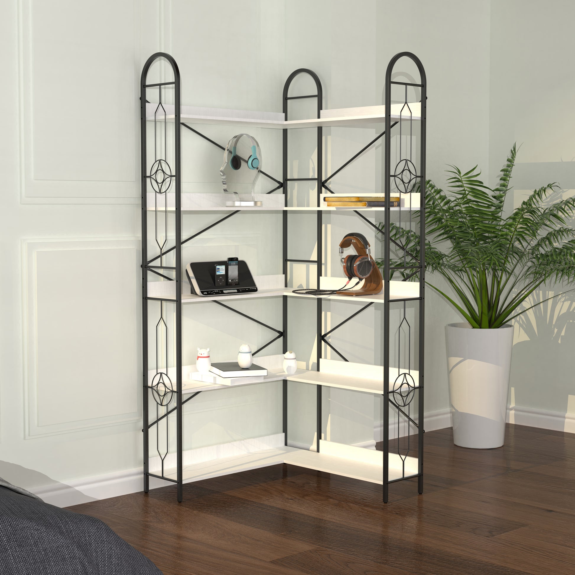 5 Tier Bookshelf, Industrial Style Corner Bookshelf, Thickened iron frame and thickened laminate composition, strong load-bearing capacity, can be used in the living room, bedroom, study.
