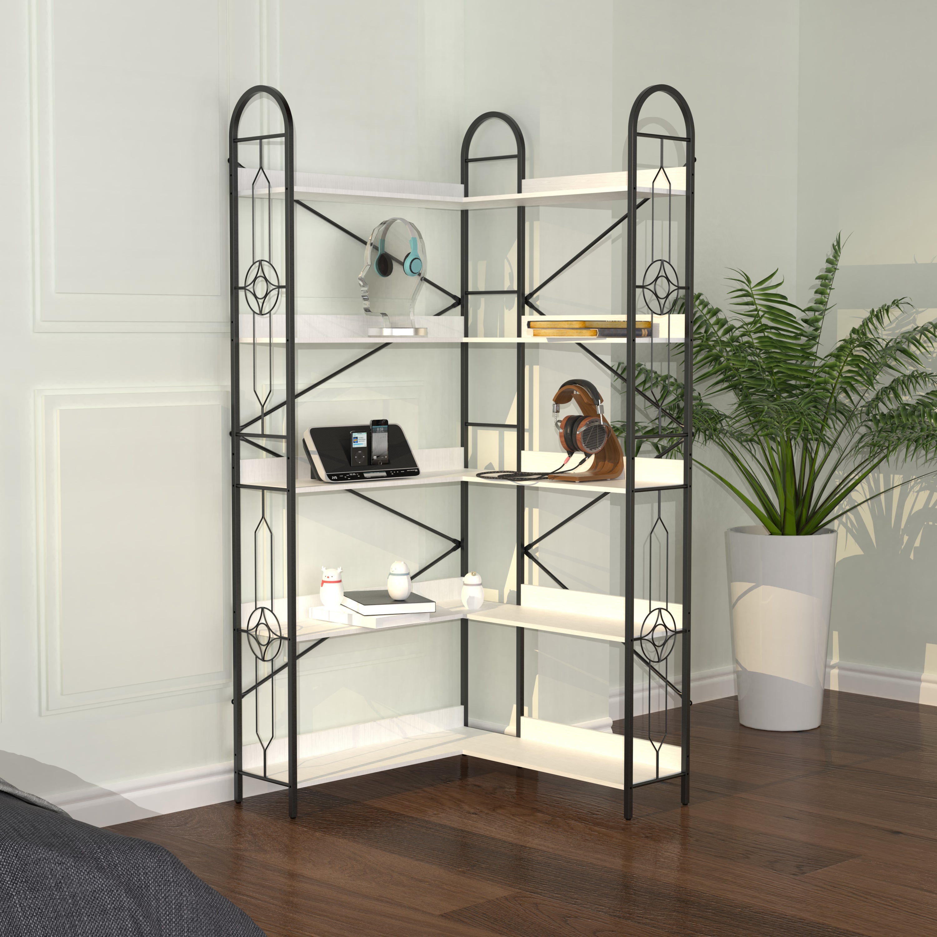 5 Tier Bookshelf, Industrial Style Corner Bookshelf, Thickened iron frame and thickened laminate composition, strong load-bearing capacity, can be used in the living room, bedroom, study.