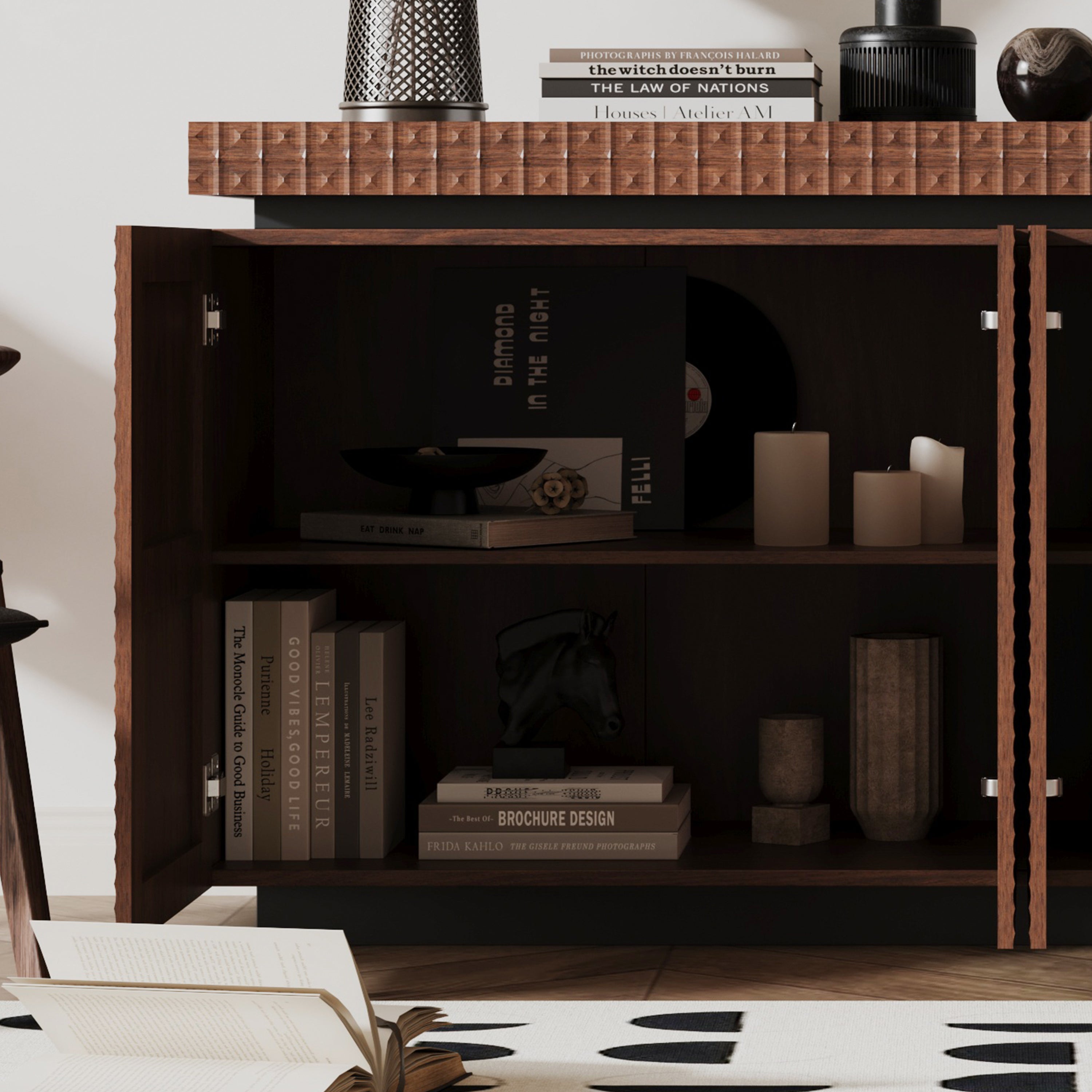 Sideboard Buffet Cabinet,Modern Accent Storage Sideboard, Luxurious Floor Cabinet Buffet with Freestanding Anti Dumping for Kitchen, Living Room, Entryway, Hallway,58.3' Wide 4-Door Sideboard(Brown)