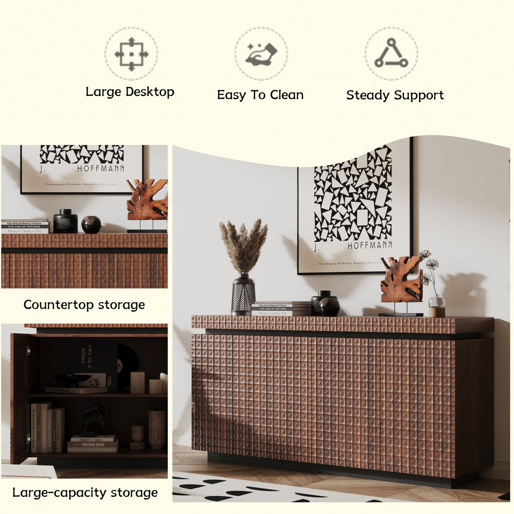 Sideboard Buffet Cabinet,Modern Accent Storage Sideboard, Luxurious Floor Cabinet Buffet with Freestanding Anti Dumping for Kitchen, Living Room, Entryway, Hallway,58.3' Wide 4-Door Sideboard(Brown)