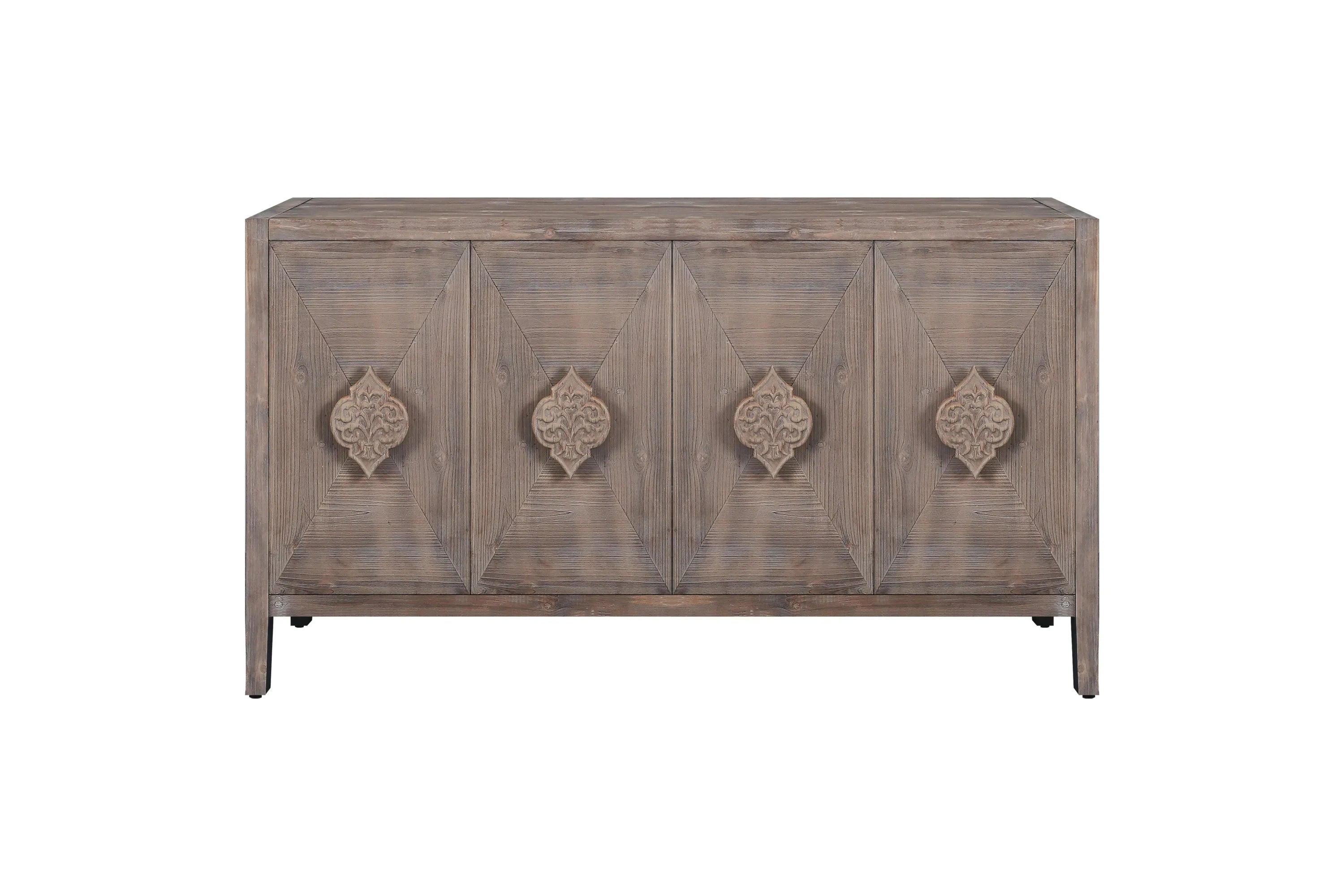 Carved Flower Door Handle, Antique Four Door Cabinet for Living Room Kitchen Hallway (Brown)