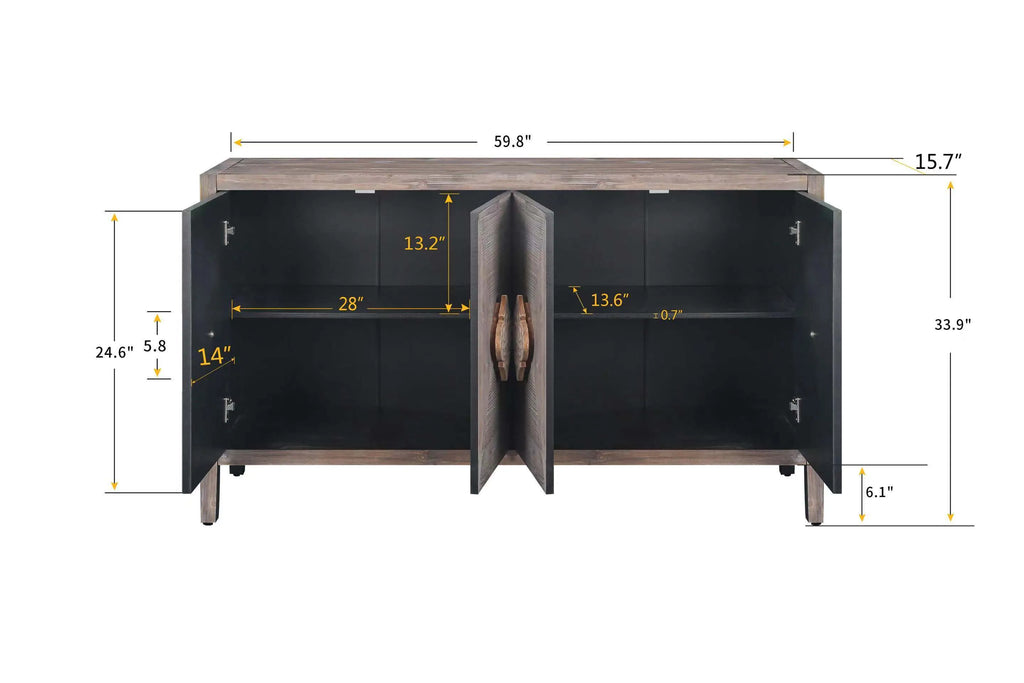 Carved Flower Door Handle, Antique Four Door Cabinet for Living Room Kitchen Hallway (Brown)