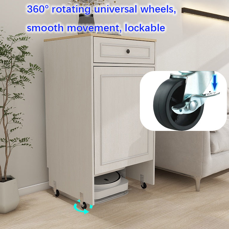 Robot Vacuum Stand Cabinet with Wheels, Sweeping Robot Storage Rack with Doors and Drawers, Side Table for Living Room, Home Office, Kitchen-Antique White