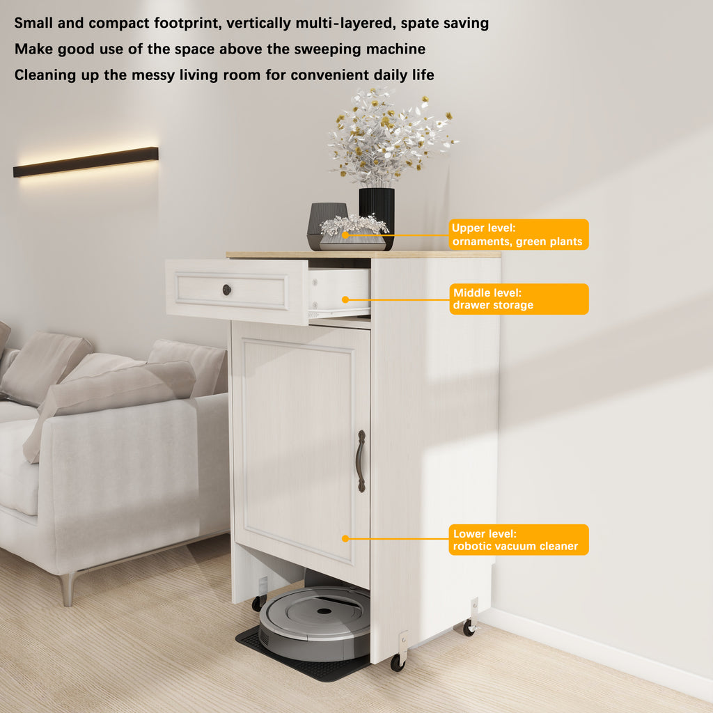 Robot Vacuum Stand Cabinet with Wheels, Sweeping Robot Storage Rack with Doors and Drawers, Side Table for Living Room, Home Office, Kitchen-Antique White