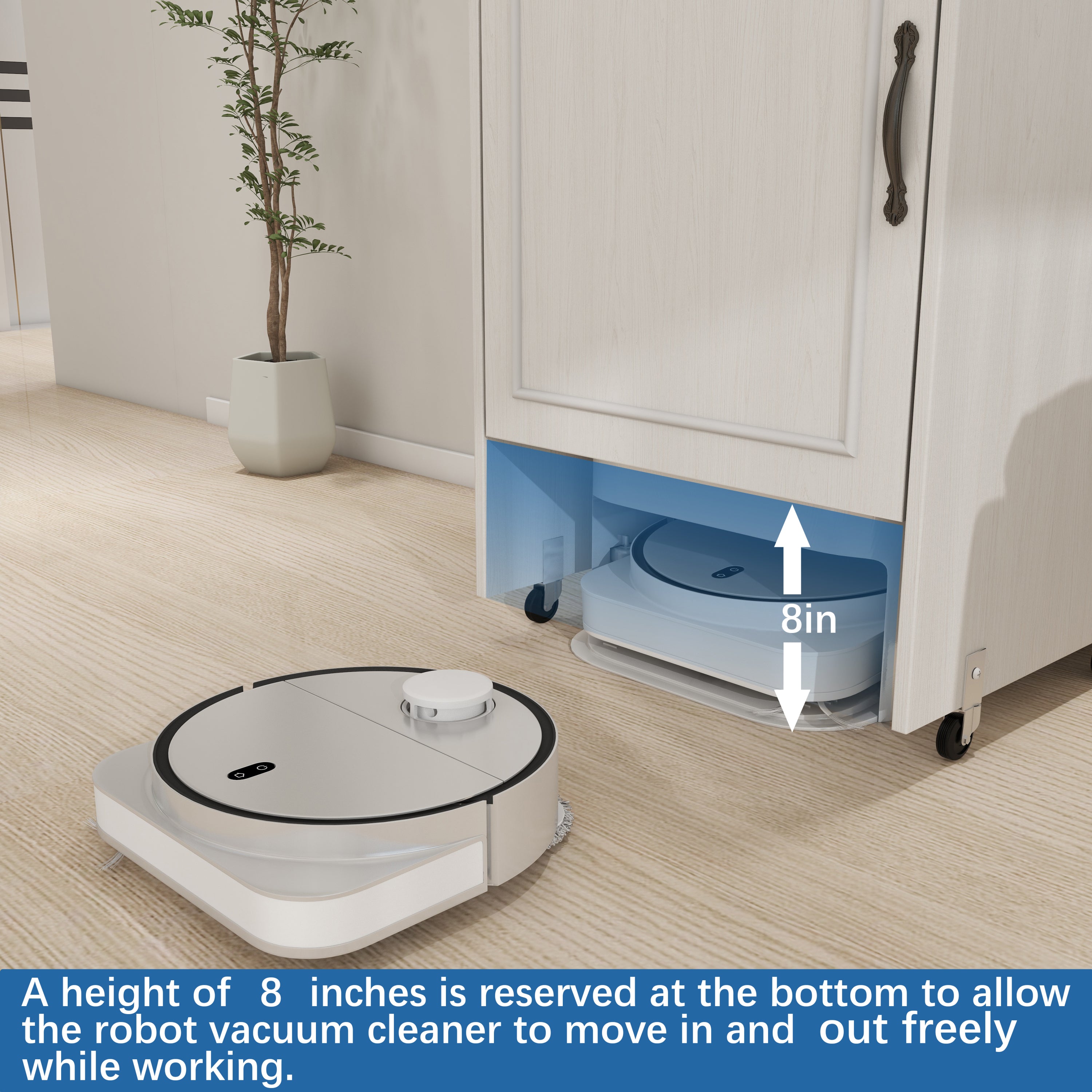 Robot Vacuum Stand Cabinet with Wheels, Sweeping Robot Storage Rack with Doors and Drawers, Side Table for Living Room, Home Office, Kitchen-Antique White