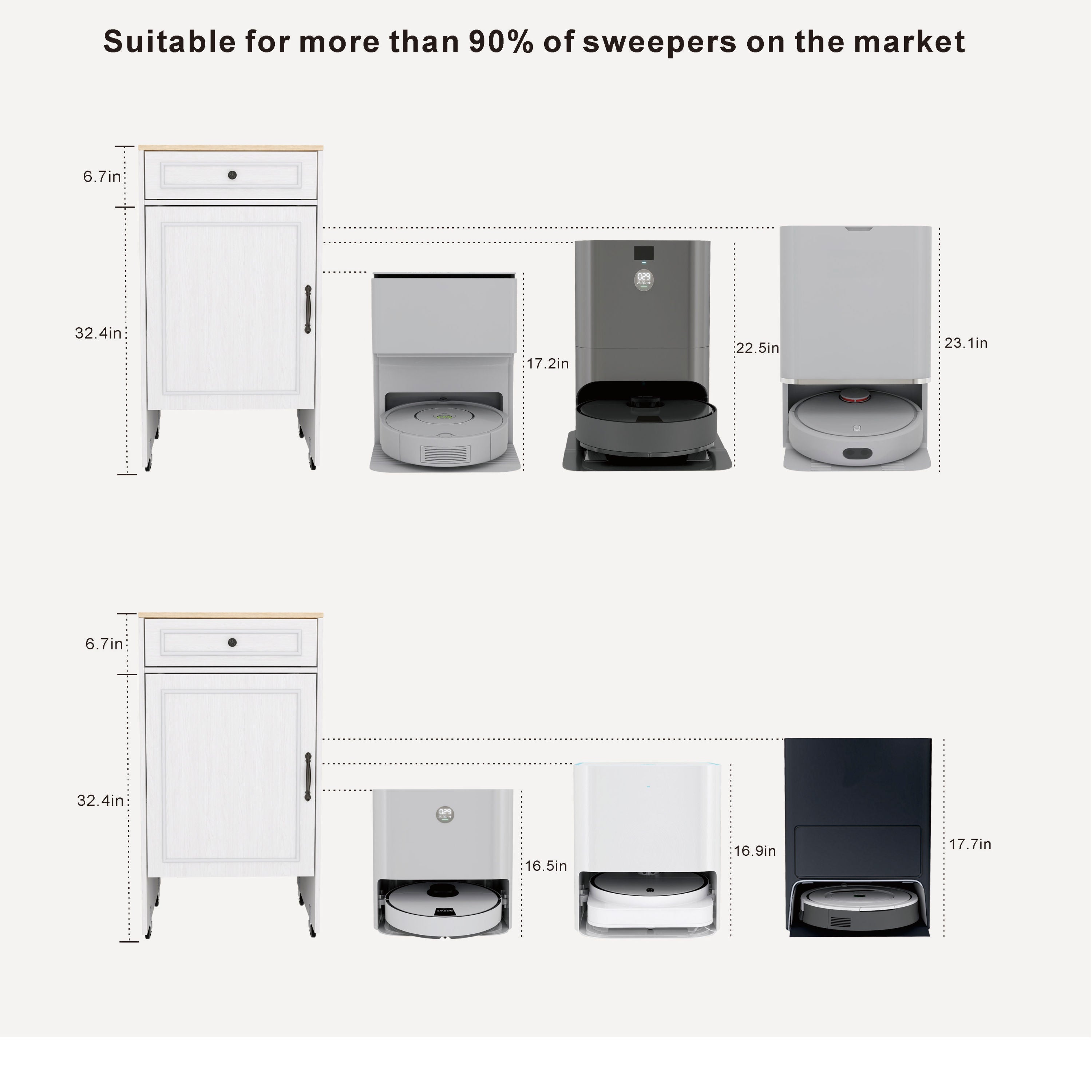 Robot Vacuum Stand Cabinet with Wheels, Sweeping Robot Storage Rack with Doors and Drawers, Side Table for Living Room, Home Office, Kitchen-Antique White