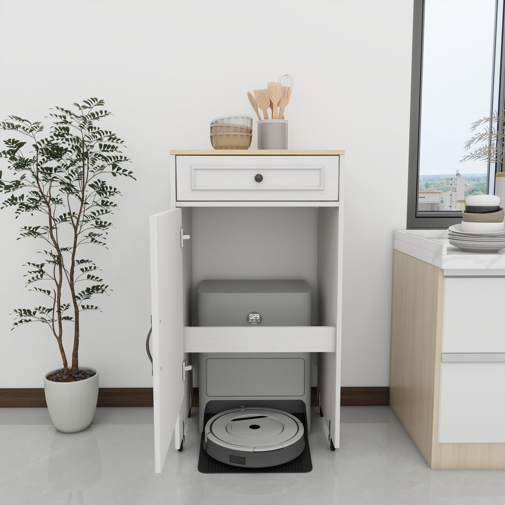 Robot Vacuum Stand Cabinet with Wheels, Sweeping Robot Storage Rack with Doors and Drawers, Side Table for Living Room, Home Office, Kitchen-Antique White