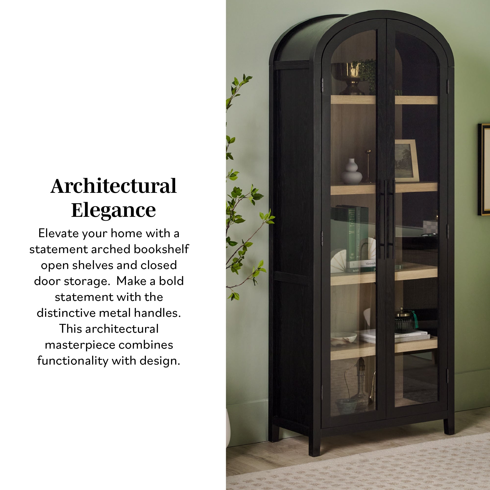 Modern 5 Shelf Arched Tall Bookcase with Glass Doors - Groovy Boardz