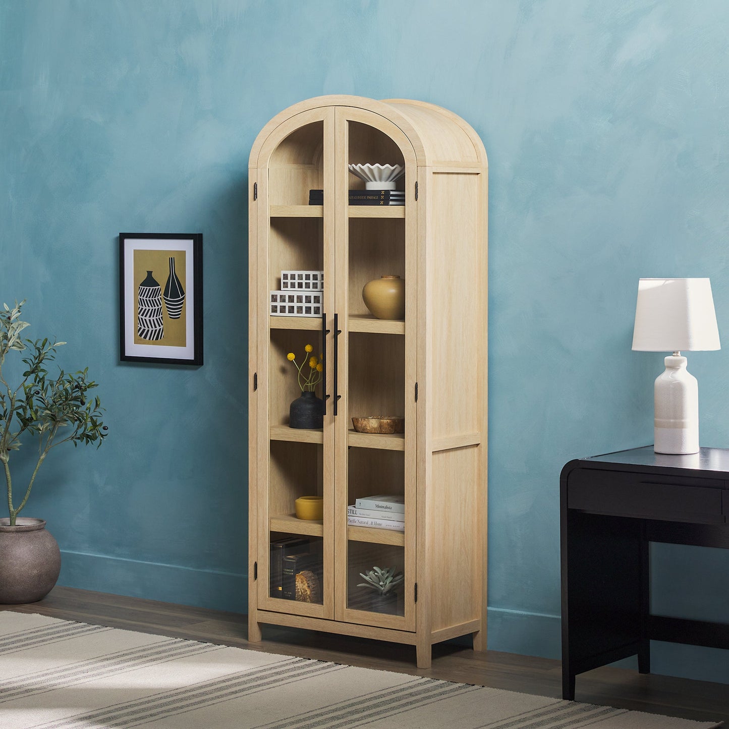 Modern 5 Shelf Arched Tall Bookcase with Glass Doors - Groovy Boardz