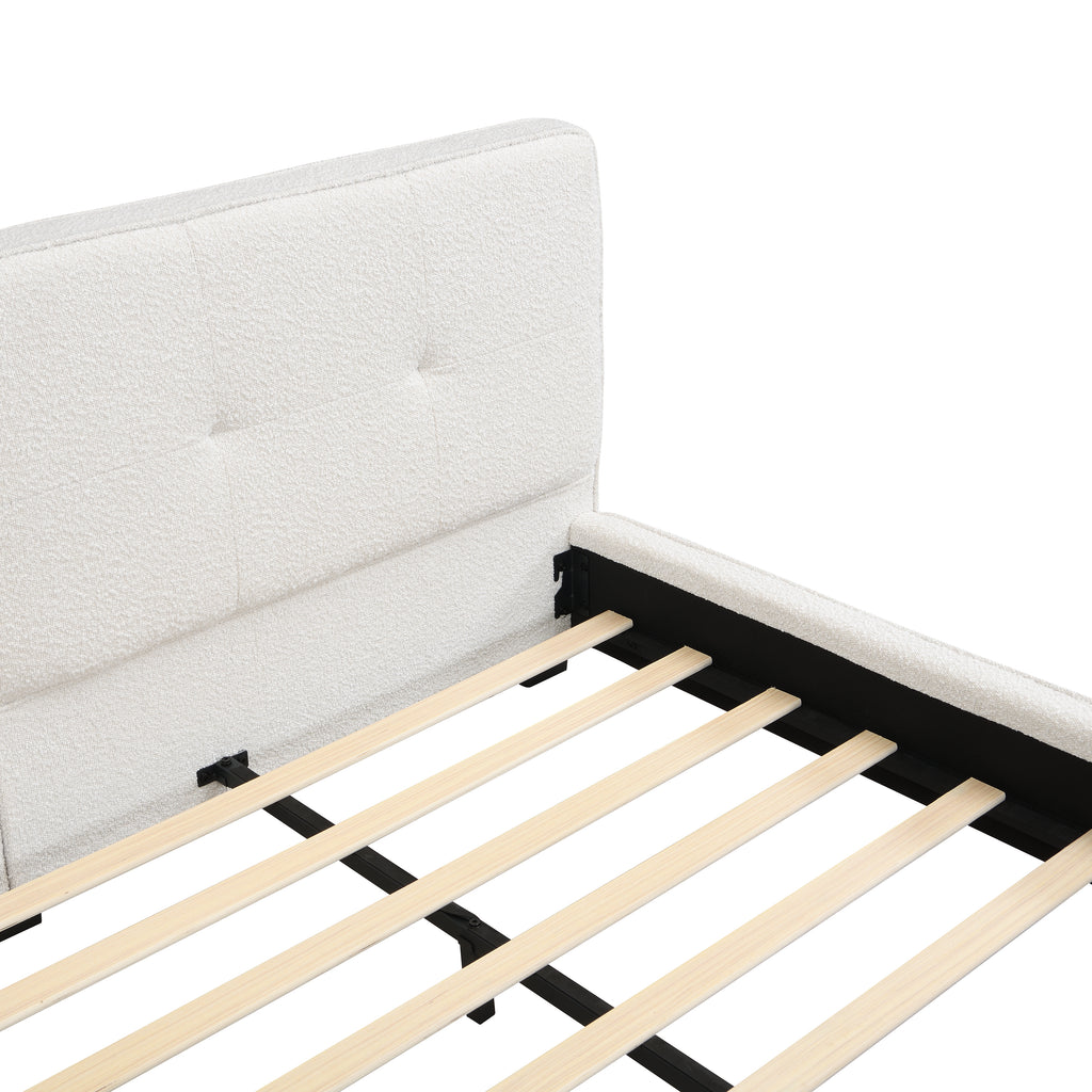 King Size Boucle Bed Frames, Upholstered Platform Bed with Curved Tufted Headboard, Soft Square Corners, Beige Bed Frame