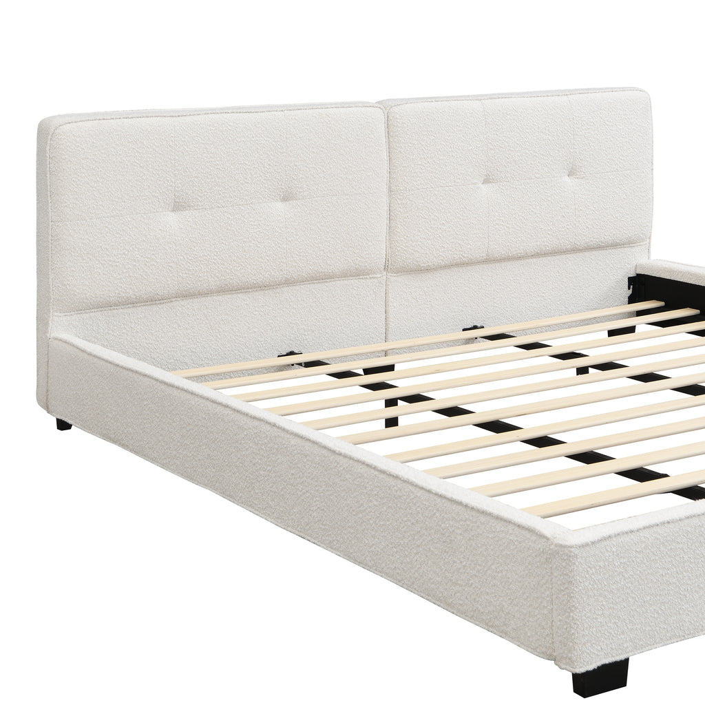 King Size Boucle Bed Frames, Upholstered Platform Bed with Curved Tufted Headboard, Soft Square Corners, Beige Bed Frame