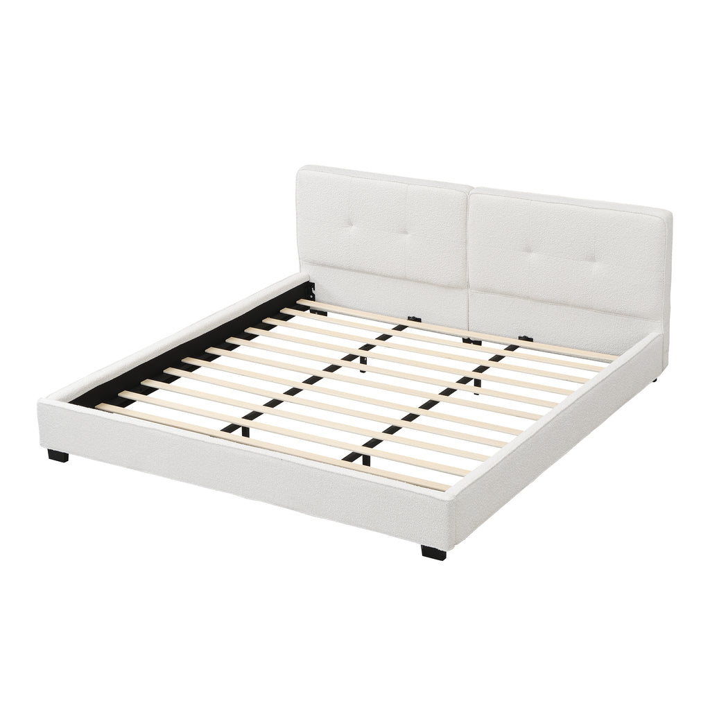 King Size Boucle Bed Frames, Upholstered Platform Bed with Curved Tufted Headboard, Soft Square Corners, Beige Bed Frame