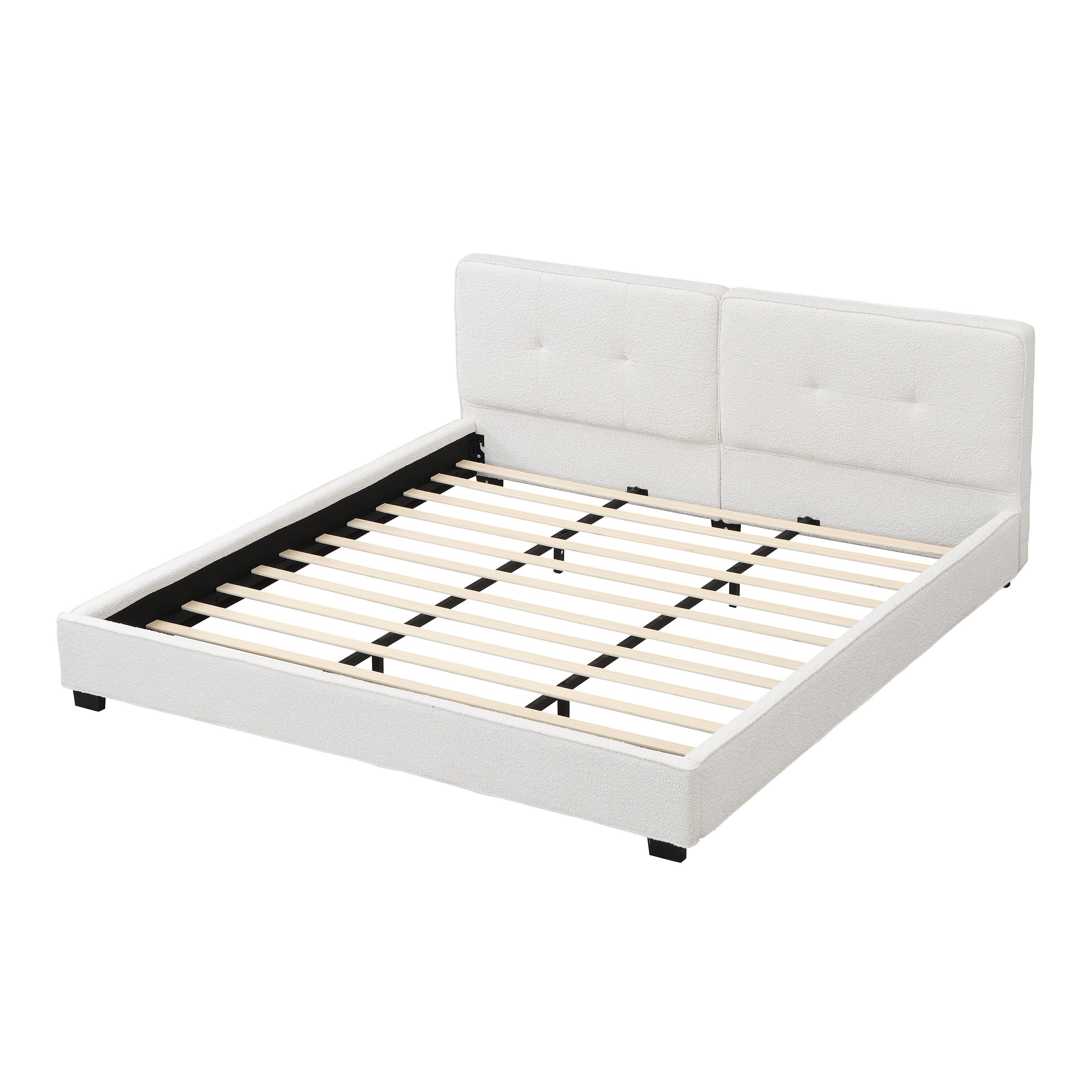 King Size Boucle Bed Frames, Upholstered Platform Bed with Curved Tufted Headboard, Soft Square Corners, Beige Bed Frame