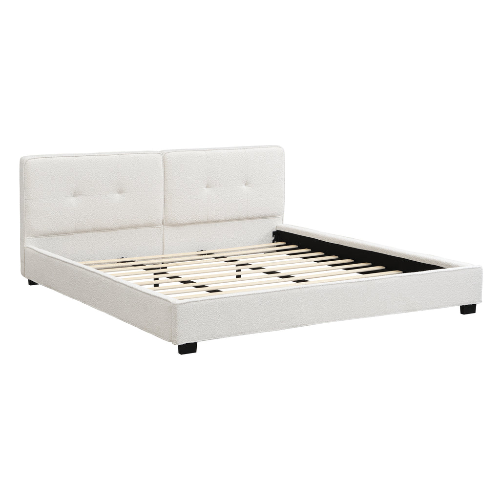 King Size Boucle Bed Frames, Upholstered Platform Bed with Curved Tufted Headboard, Soft Square Corners, Beige Bed Frame