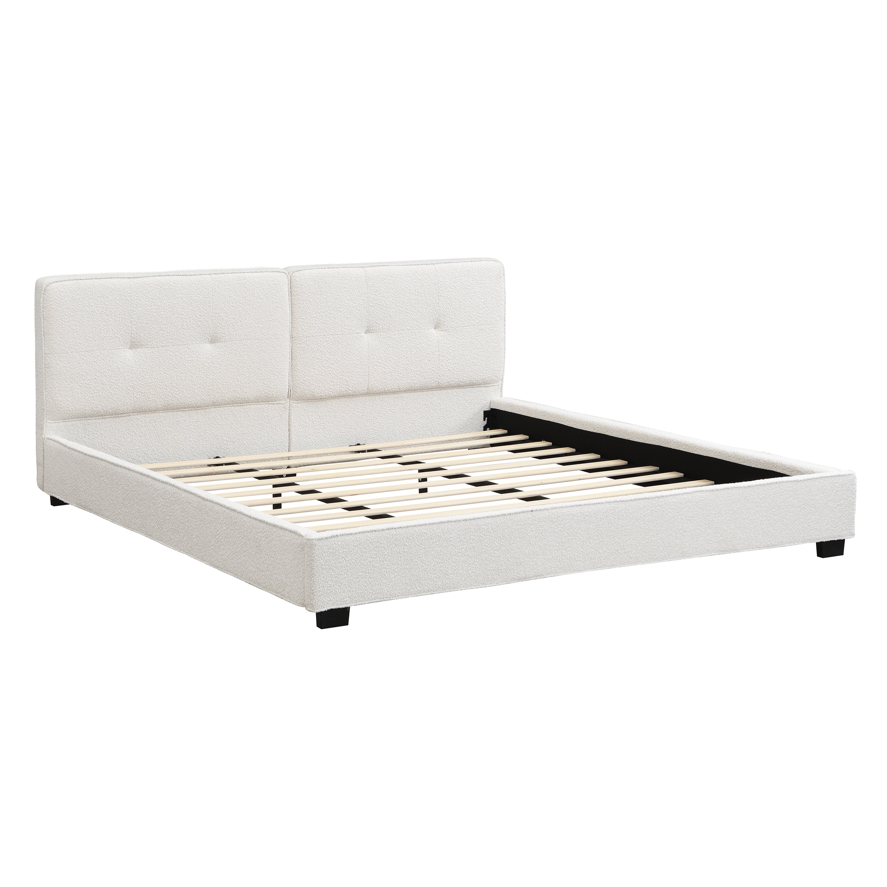 King Size Boucle Bed Frames, Upholstered Platform Bed with Curved Tufted Headboard, Soft Square Corners, Beige Bed Frame