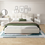King Size Boucle Bed Frames, Upholstered Platform Bed with Curved Tufted Headboard, Soft Square Corners, Beige Bed Frame