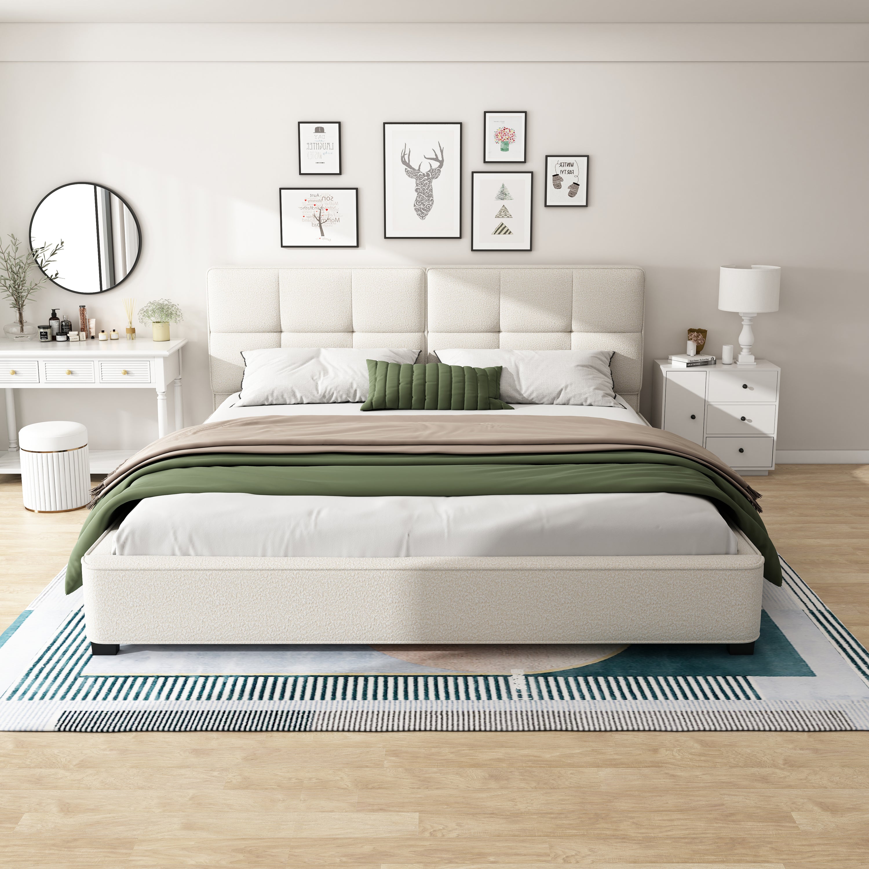 King Size Boucle Bed Frames, Upholstered Platform Bed with Curved Tufted Headboard, Soft Square Corners, Beige Bed Frame