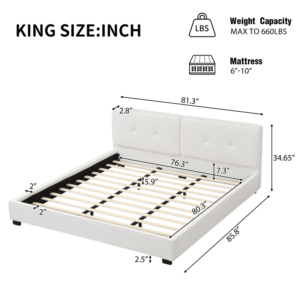 King Size Boucle Bed Frames, Upholstered Platform Bed with Curved Tufted Headboard, Soft Square Corners, Beige Bed Frame
