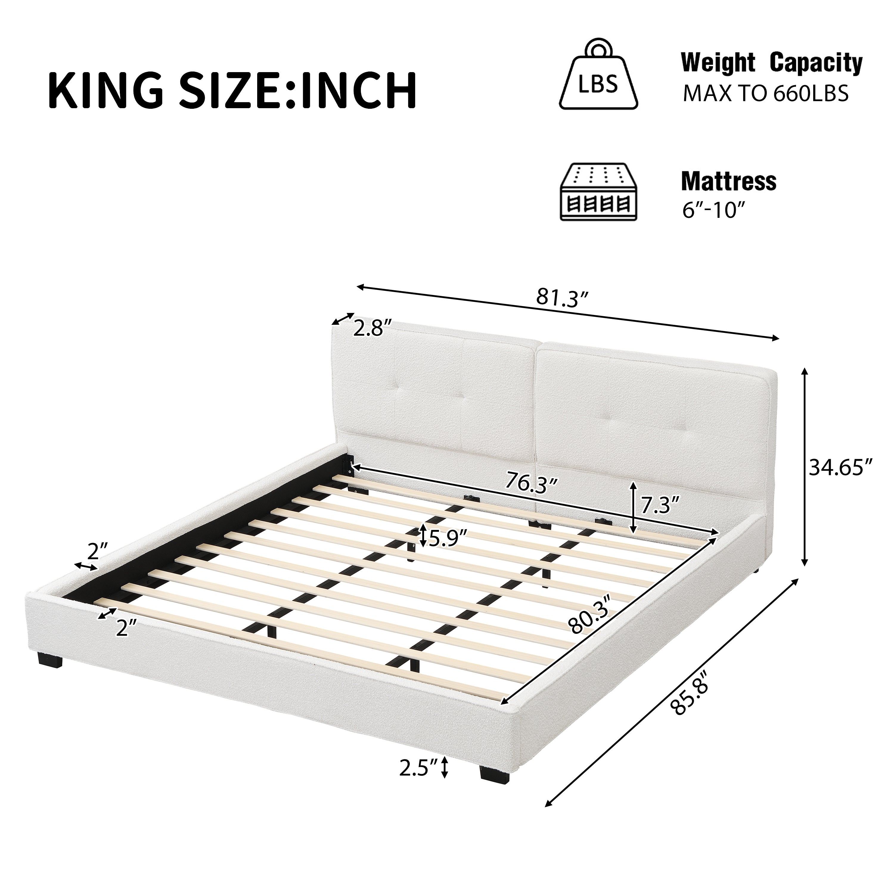 King Size Boucle Bed Frames, Upholstered Platform Bed with Curved Tufted Headboard, Soft Square Corners, Beige Bed Frame