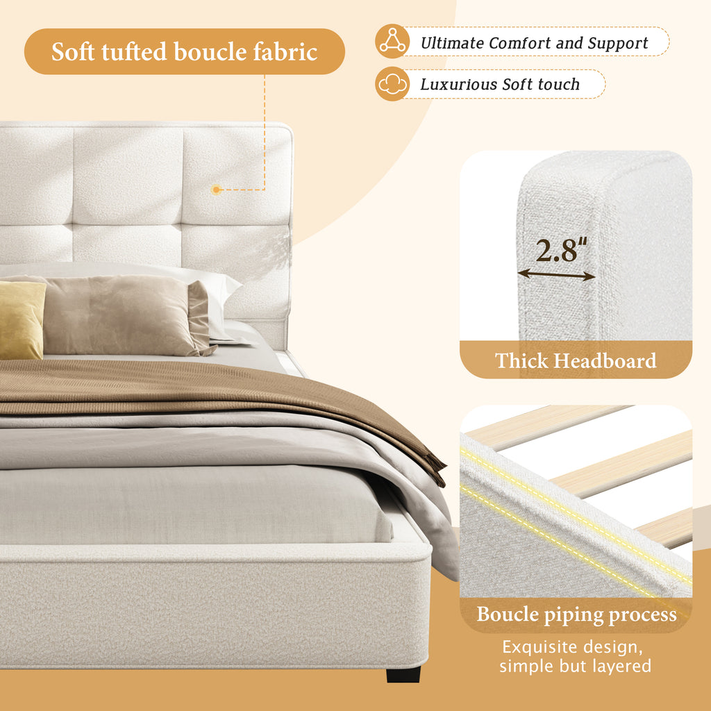 King Size Boucle Bed Frames, Upholstered Platform Bed with Curved Tufted Headboard, Soft Square Corners, Beige Bed Frame