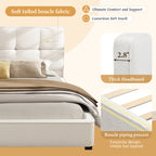 King Size Boucle Bed Frames, Upholstered Platform Bed with Curved Tufted Headboard, Soft Square Corners, Beige Bed Frame