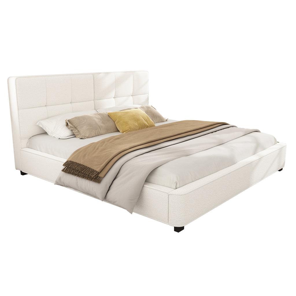 King Size Boucle Bed Frames, Upholstered Platform Bed with Curved Tufted Headboard, Soft Square Corners, Beige Bed Frame