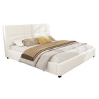 King Size Boucle Bed Frames, Upholstered Platform Bed with Curved Tufted Headboard, Soft Square Corners, Beige Bed Frame