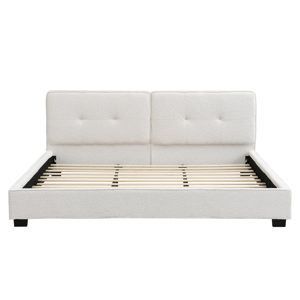 King Size Boucle Bed Frames, Upholstered Platform Bed with Curved Tufted Headboard, Soft Square Corners, Beige Bed Frame