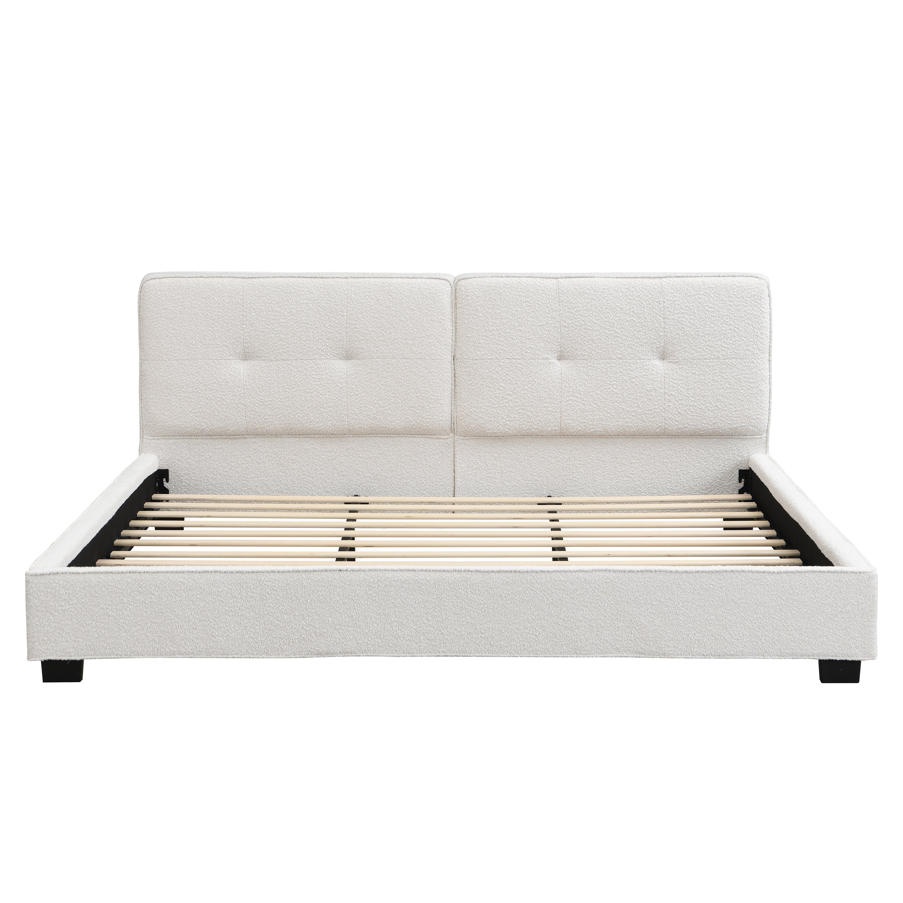 King Size Boucle Bed Frames, Upholstered Platform Bed with Curved Tufted Headboard, Soft Square Corners, Beige Bed Frame