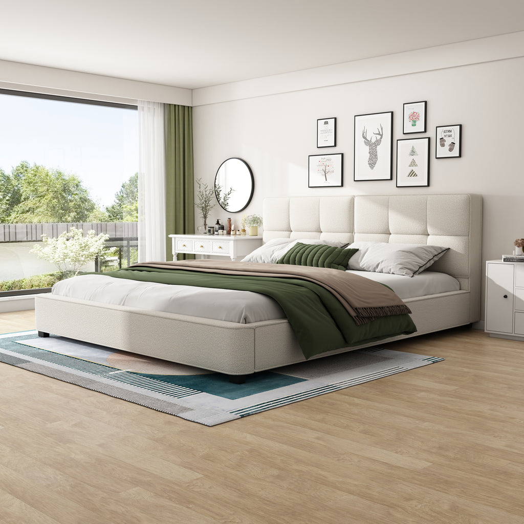 King Size Boucle Bed Frames, Upholstered Platform Bed with Curved Tufted Headboard, Soft Square Corners, Beige Bed Frame