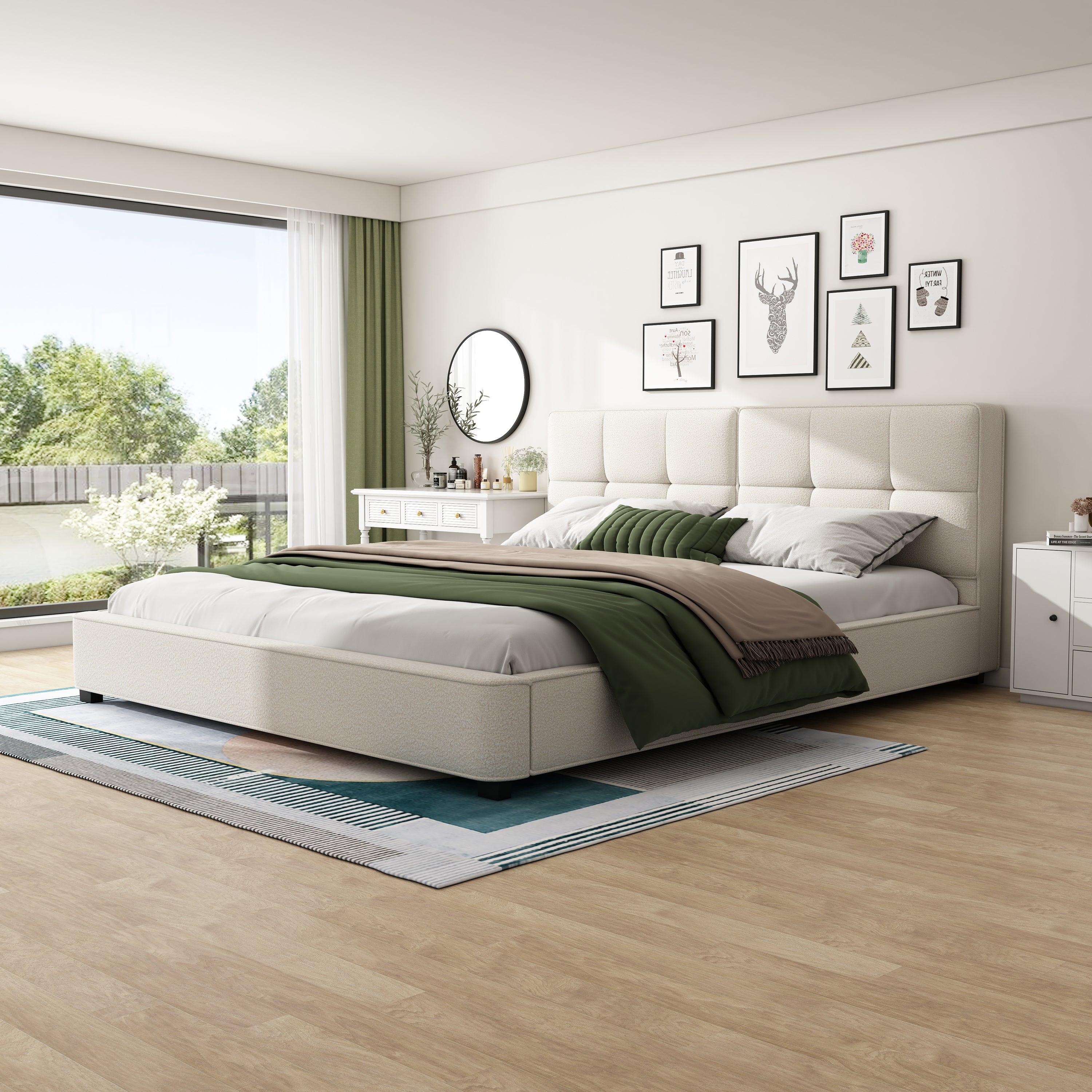 King Size Boucle Bed Frames, Upholstered Platform Bed with Curved Tufted Headboard, Soft Square Corners, Beige Bed Frame