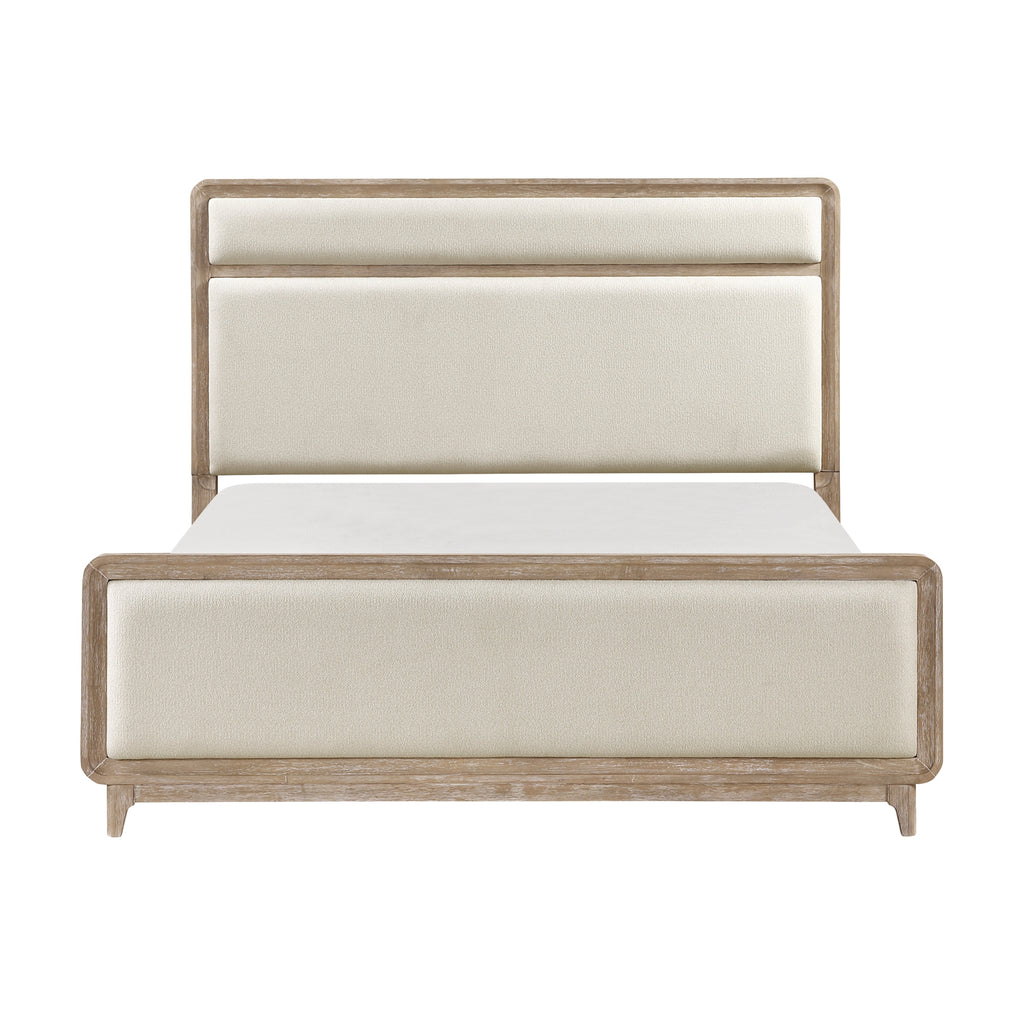 Modern Elegant Design Natural Finish Queen Bed Upholstered Beige Chenille Wooden Bedroom Furniture 1pc