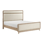 Modern Elegant Design Natural Finish Queen Bed Upholstered Beige Chenille Wooden Bedroom Furniture 1pc