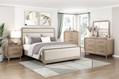 Modern Elegant Design Natural Finish Queen Bed Upholstered Beige Chenille Wooden Bedroom Furniture 1pc