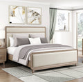 Modern Elegant Design Natural Finish Queen Bed Upholstered Beige Chenille Wooden Bedroom Furniture 1pc