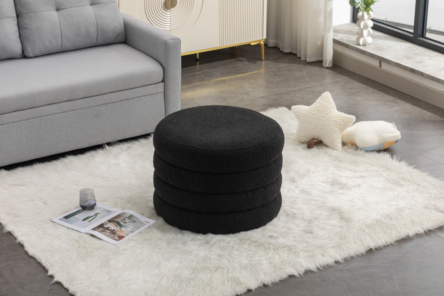 007-Boucle Fabric Storage Round Ottoman Footstool With Wooden Shelving,Black