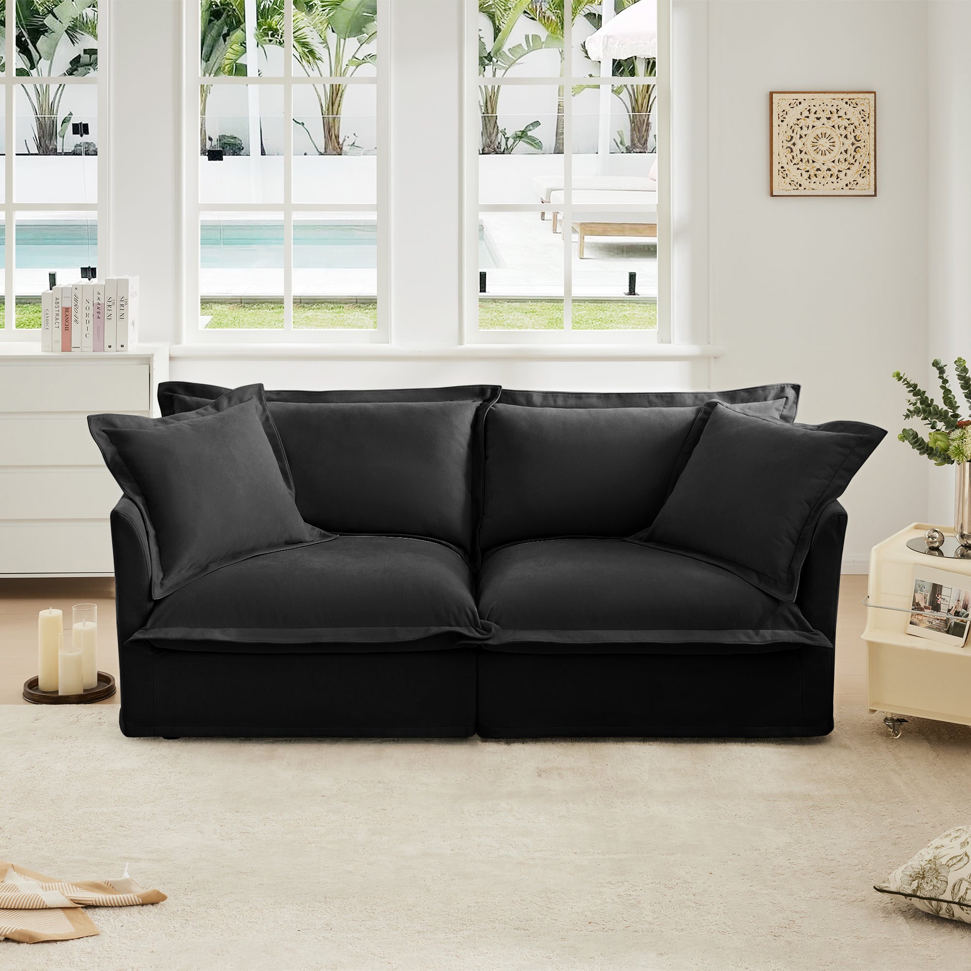 Modern Slipcovered 2-Seat Sofa Couches for Living Room, 2 Seater Sofa, Plain Chenille Deep Seat Sofa with Upholstered Cushion&Detachable Cover, Comfy Sofa Couch for Small Space, Apartment, Black