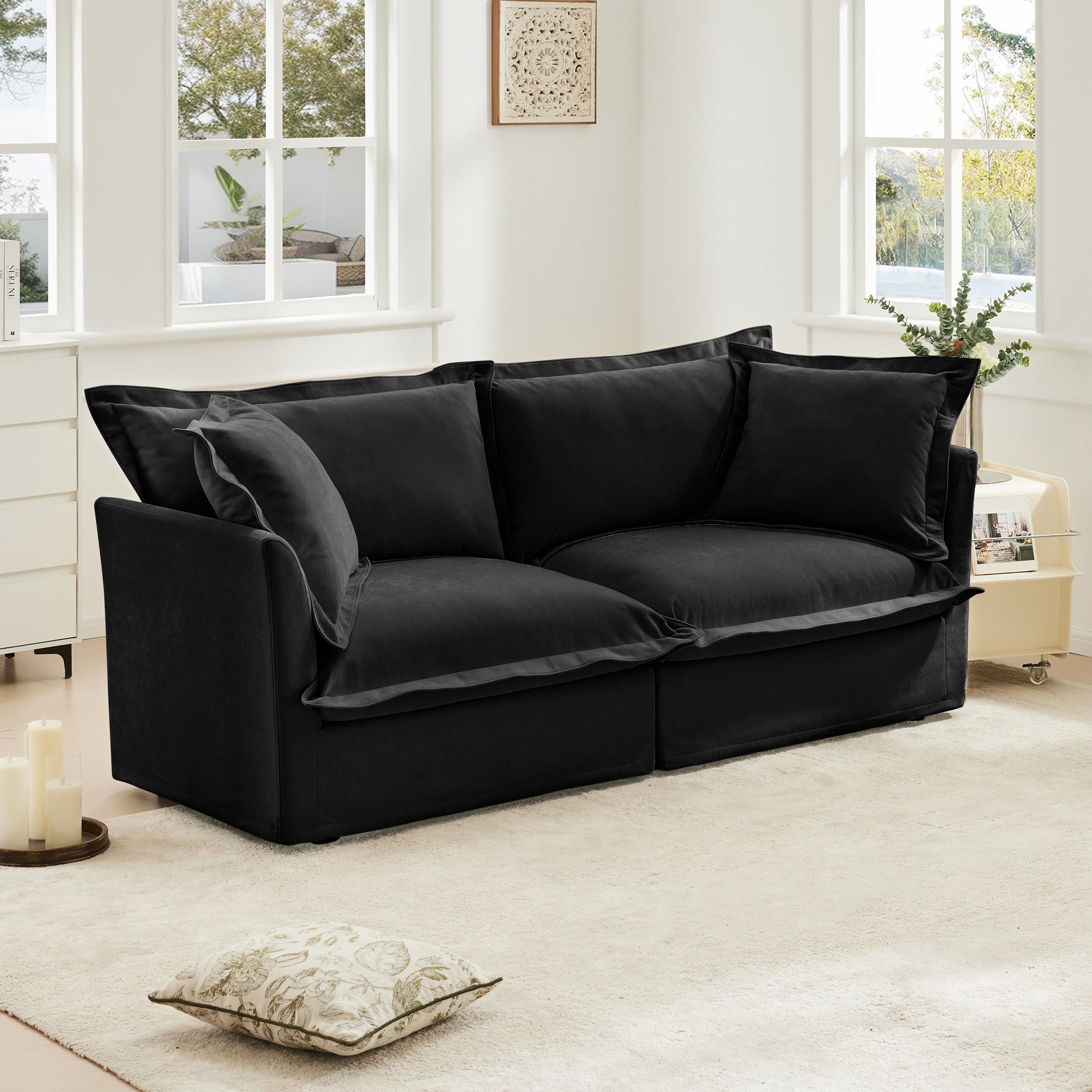 Modern Slipcovered 2-Seat Sofa Couches for Living Room, 2 Seater Sofa, Plain Chenille Deep Seat Sofa with Upholstered Cushion&Detachable Cover, Comfy Sofa Couch for Small Space, Apartment, Black