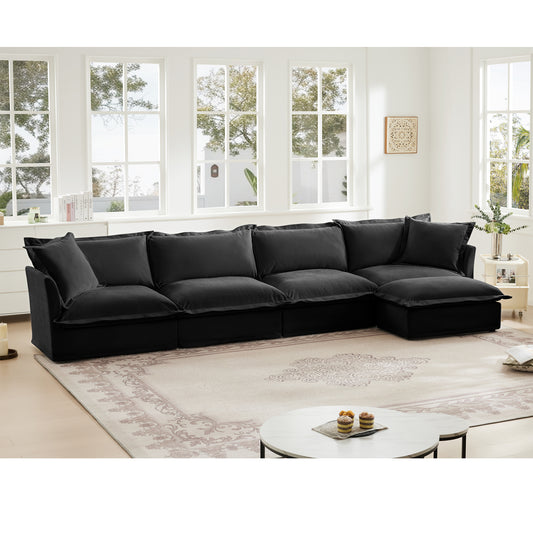 Slipcovered L Shape Sectional Long Sofa Couch, 4 Seater Sofa with Suppleness Armrests, Chenille Deep Seat Sofa with 2 Big Pillows, Comfy Couch for Living Room, Apartment, Chenille Fabric, Black