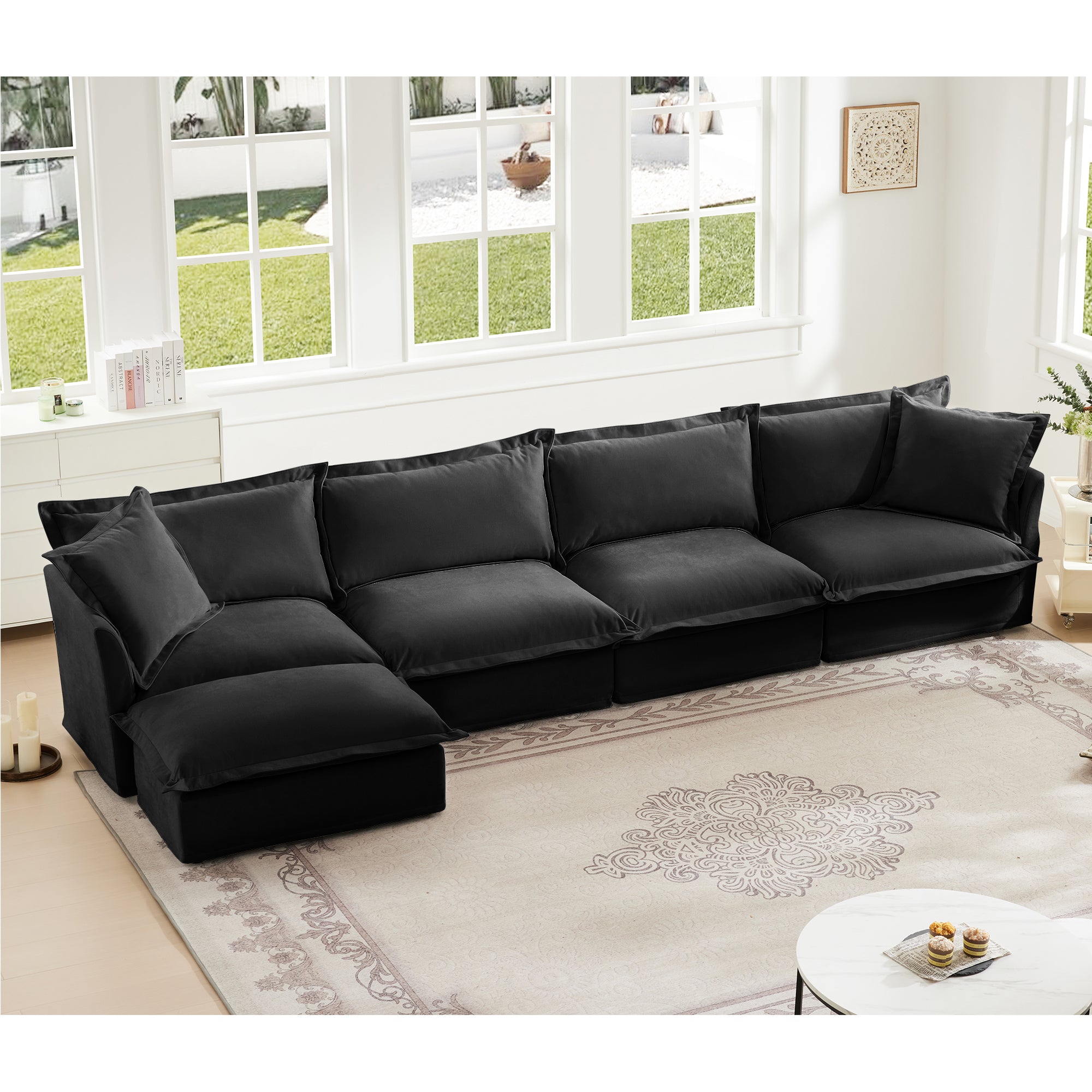 Slipcovered L Shape Sectional Long Sofa Couch, 4 Seater Sofa with Suppleness Armrests, Chenille Deep Seat Sofa with 2 Big Pillows, Comfy Couch for Living Room, Apartment, Chenille Fabric, Black