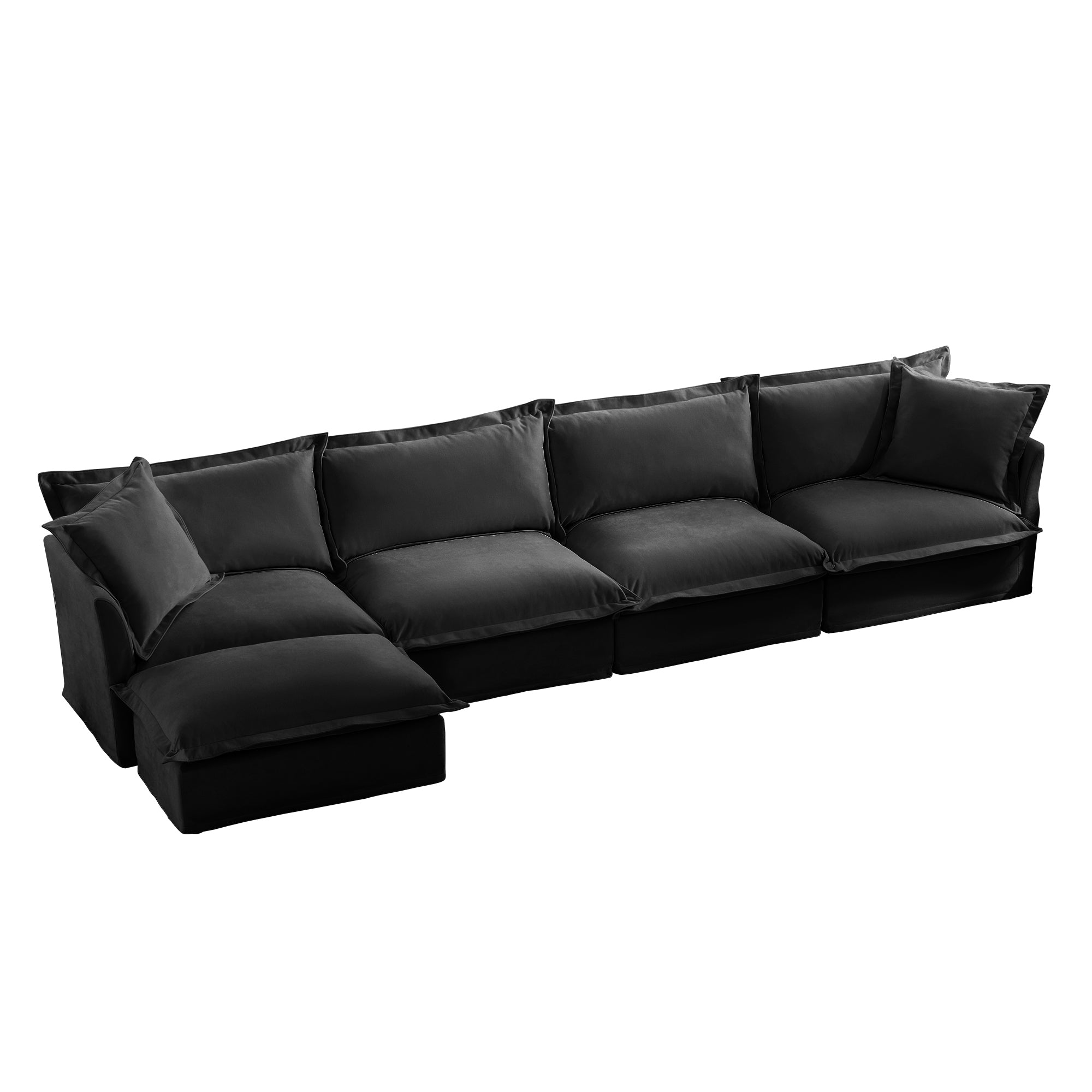 Slipcovered L Shape Sectional Long Sofa Couch, 4 Seater Sofa with Suppleness Armrests, Chenille Deep Seat Sofa with 2 Big Pillows, Comfy Couch for Living Room, Apartment, Chenille Fabric, Black
