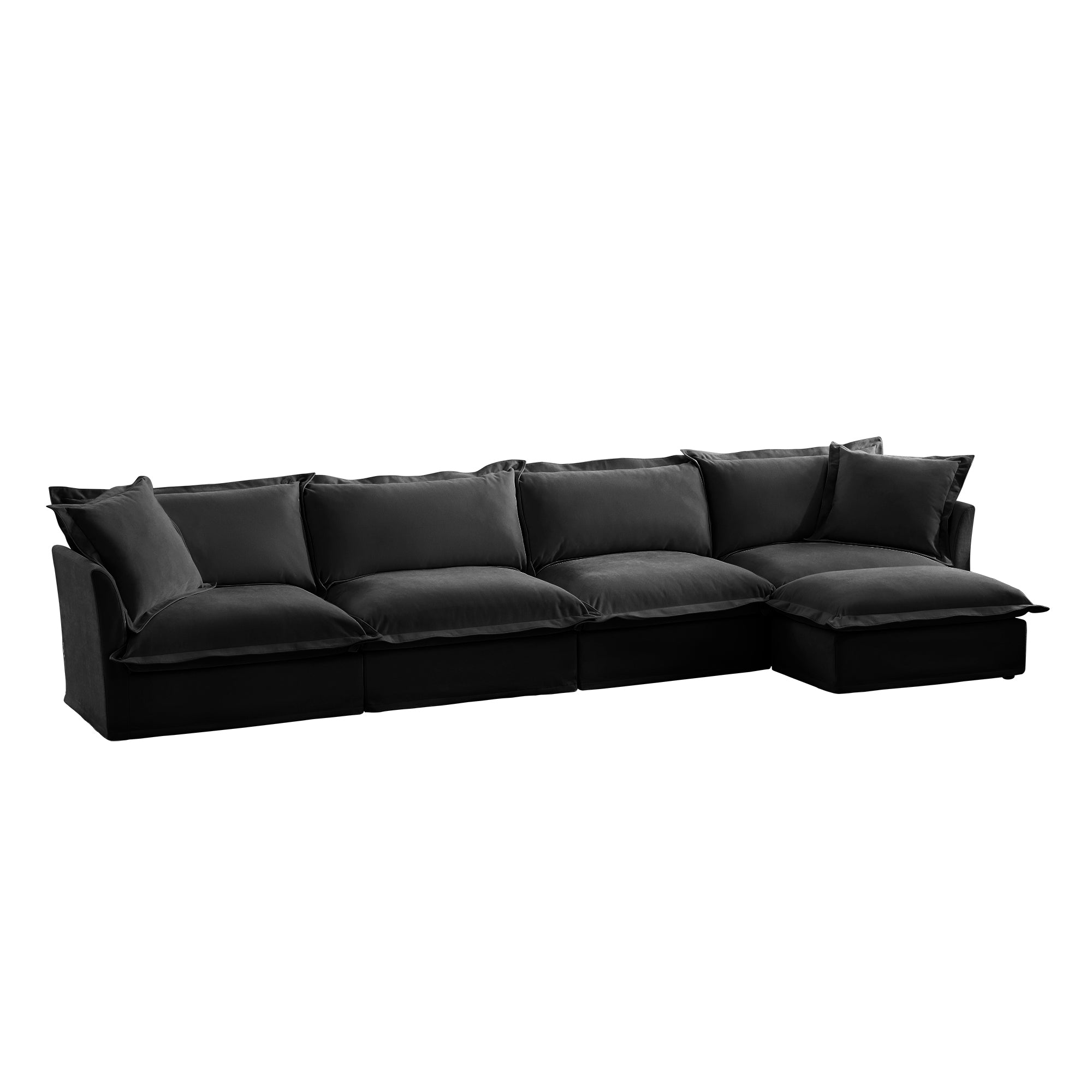 Slipcovered L Shape Sectional Long Sofa Couch, 4 Seater Sofa with Suppleness Armrests, Chenille Deep Seat Sofa with 2 Big Pillows, Comfy Couch for Living Room, Apartment, Chenille Fabric, Black