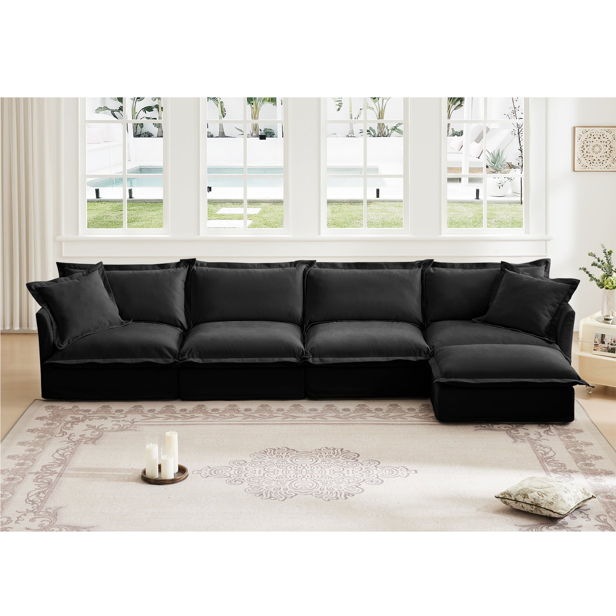 Slipcovered L Shape Sectional Long Sofa Couch, 4 Seater Sofa with Suppleness Armrests, Chenille Deep Seat Sofa with 2 Big Pillows, Comfy Couch for Living Room, Apartment, Chenille Fabric, Black