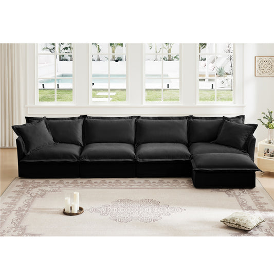 Slipcovered L Shape Sectional Long Sofa Couch, 4 Seater Sofa with Suppleness Armrests, Chenille Deep Seat Sofa with 2 Big Pillows, Comfy Couch for Living Room, Apartment, Chenille Fabric, Black